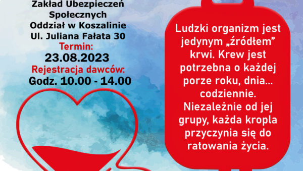 Plakat przedstawia rysunek serca i informację o planowanej akcji poboru krwi