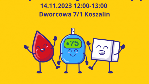 Plakat zawiera grafikę, która przedstawia kroplę krwi, glukometr i kostkę cukru
