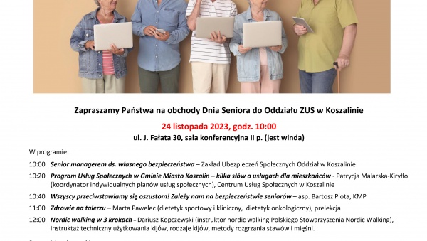 Plakat opisujący program Dnia Seniora. Zdjęcie przedstawia seniorów