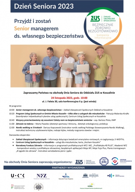 Plakat opisujący program Dnia Seniora. Zdjęcie przedstawia seniorów