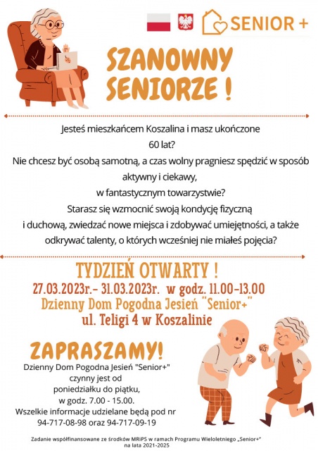 Na zdjęciu widnieje plakat zachęcający do udziału w tygodniu otwartym Dziennego Domu Pogodna Jesień „Senior +”.